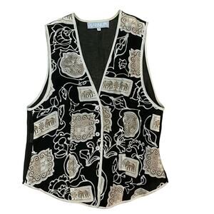 Vintage 90s Dorothy Schoelen Platinum Linen Blend Elephant Boho Vest M USA